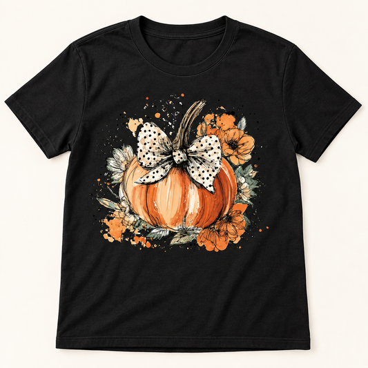 Floral Pumpkin with Polka Dot Bow short sleeve tee mockup
