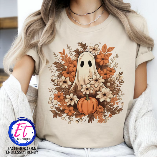 Floral Ghost and Pumpkin Tee – Fall Harvest Design