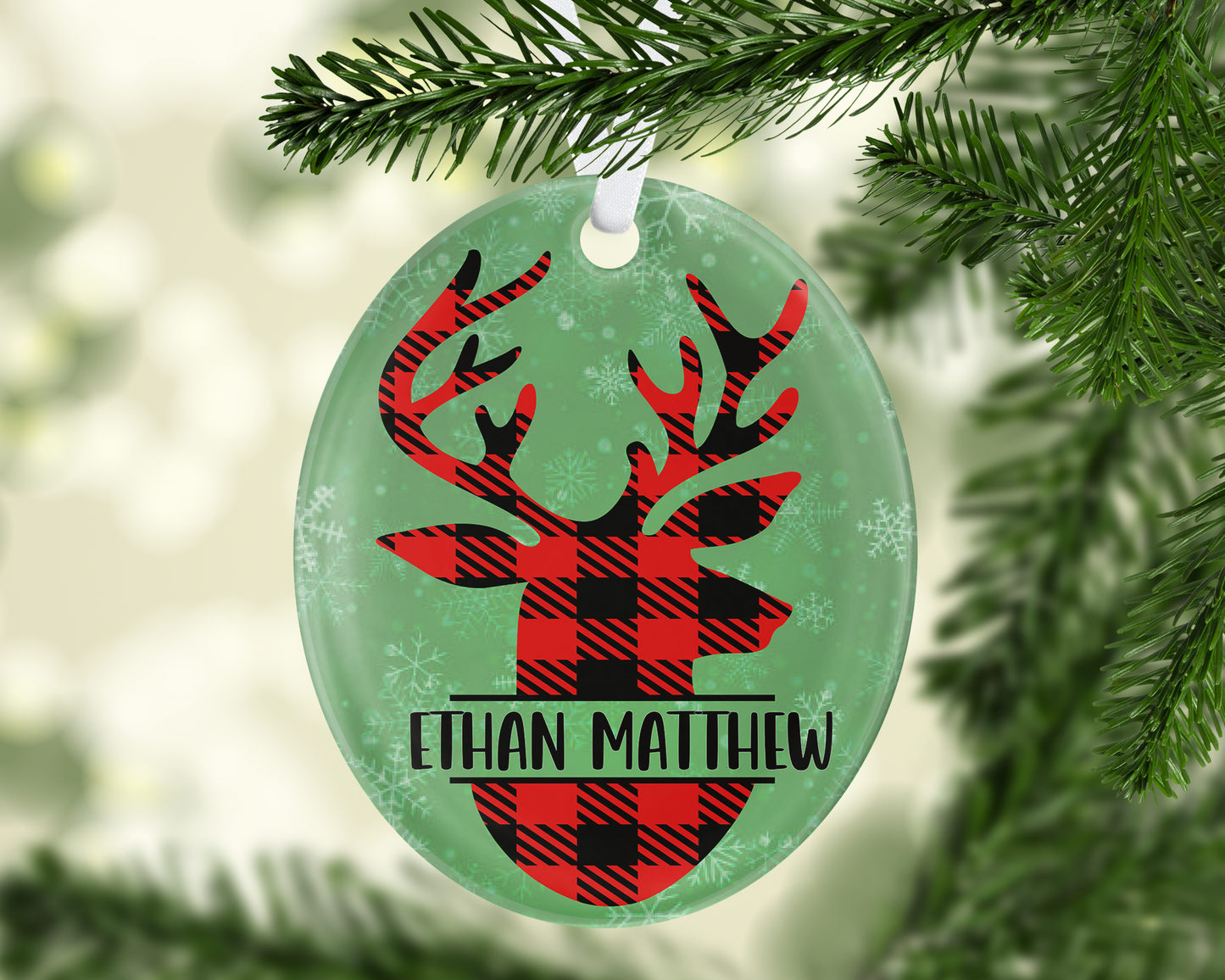 Plaid Reindeer "Glass-Like" Acrylic Kids Personalized Christmas Ornament - Endlessly Trendy Boutique
