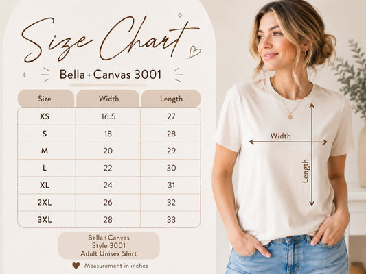Bella + Canvas adult ringspun short sleeve tee size chart