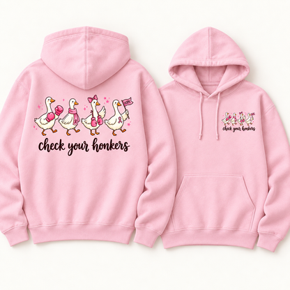 Check Your Honkers light pink fleece hoodie, full back and small left chest print