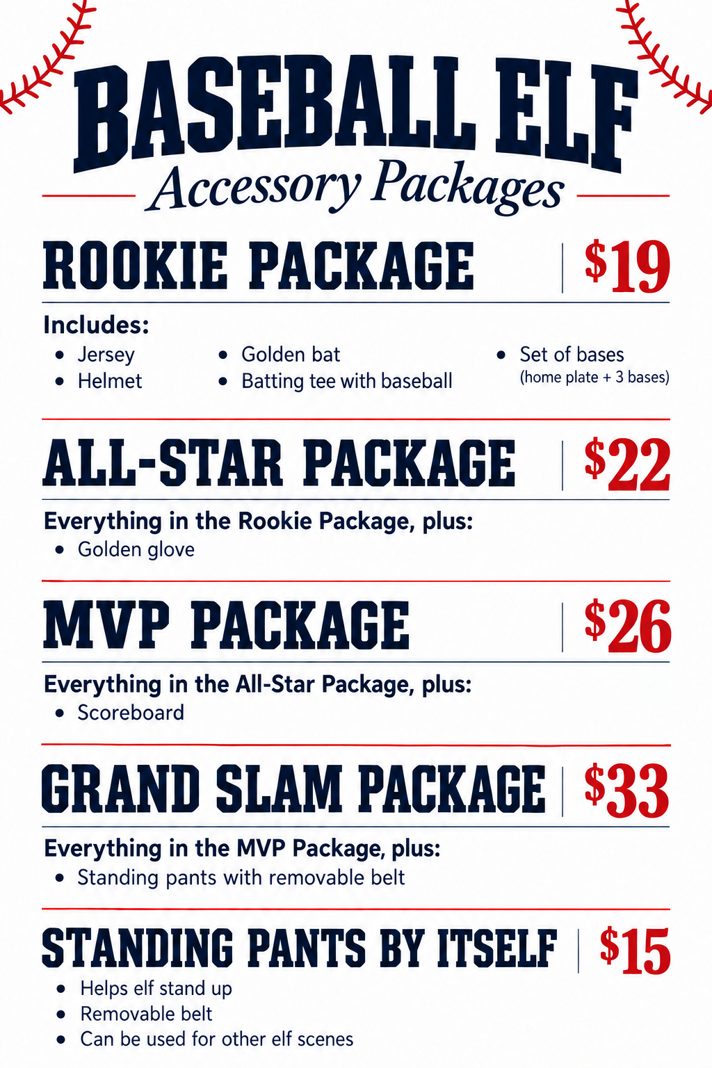 Christmas elf baseball package options and pricing flyer