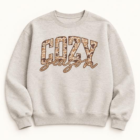 Cozy Season Camo Fall Shirt | Tee, Sweatshirt or Hoodie crewneck sweatshirt front mockup