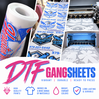 DTF gangsheets with full-color printed transfers and white adhesive powder on the reverse side in the right-hand printer photos