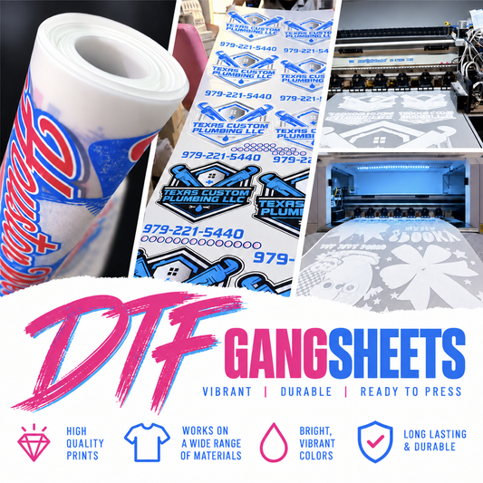 DTF gangsheets with full-color printed transfers and white adhesive powder on the reverse side in the right-hand printer photos