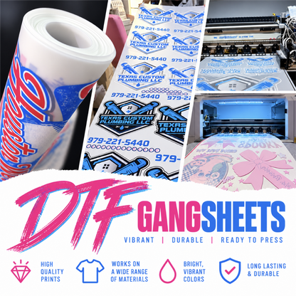 A promotional collage for DTF Gangsheets showing a large roll of printed sheets, a printed sample sheet, sewing machines, and a finished garment with colorful graphics. Large text at the bottom reads 'DTF GANGSHEETS' with smaller descriptors 'Vibrant | Durable | Ready to Press' and feature icons for high quality prints, wide material compatibility, bright vibrant colors, and long lasting durability. Endlessly Trendy Commercial DTF Printer