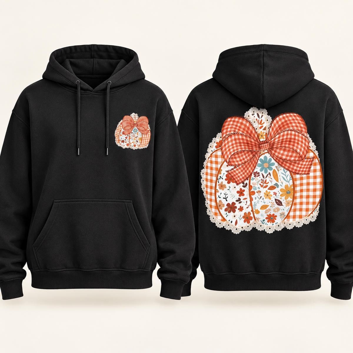Floral pumpkin and gingham bow fleece hoodie front and back mockup