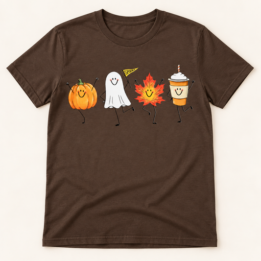 Happy fall crew pumpkin ghost leaf and latte short sleeve tee mockup