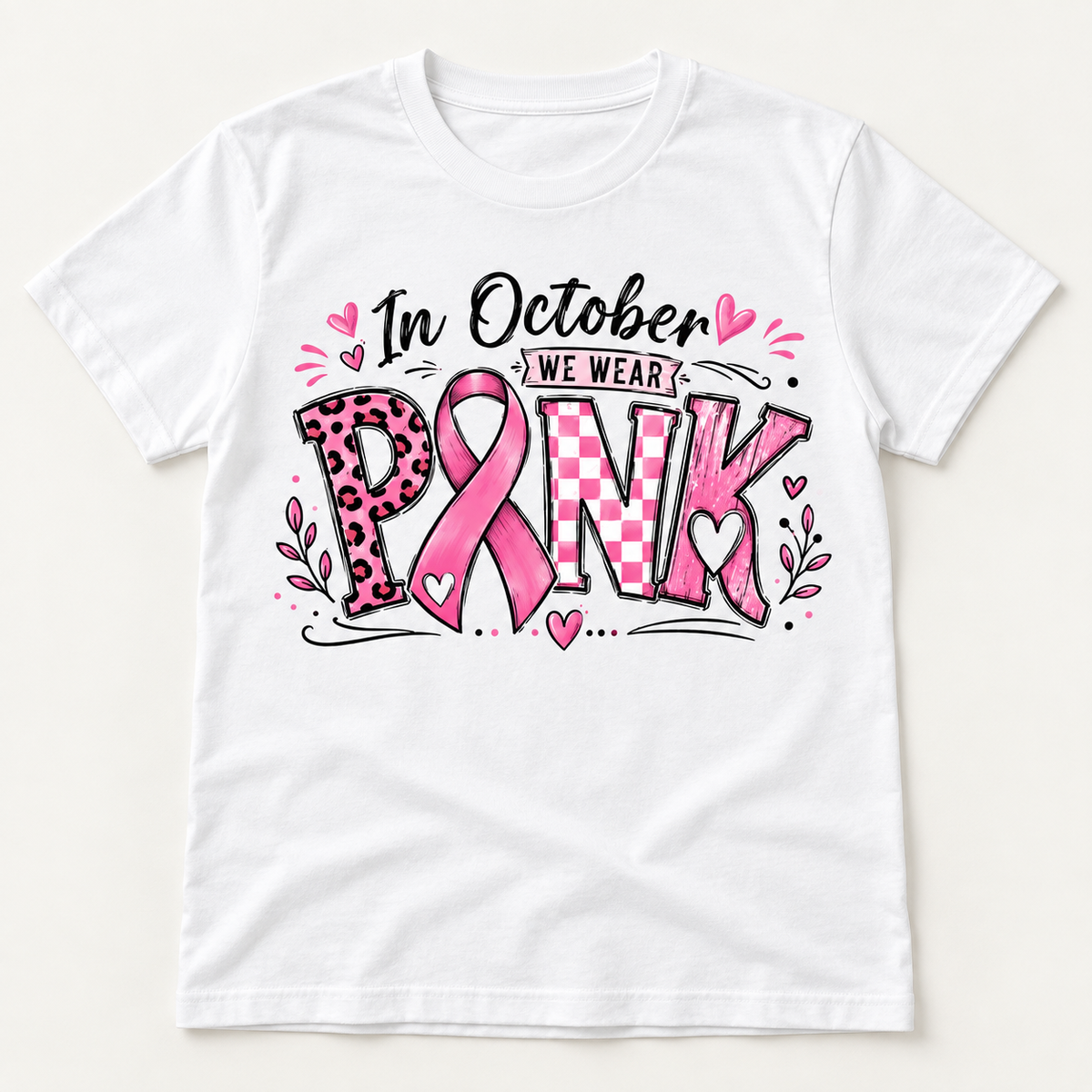 In October We Wear Pink white short sleeve tee front print