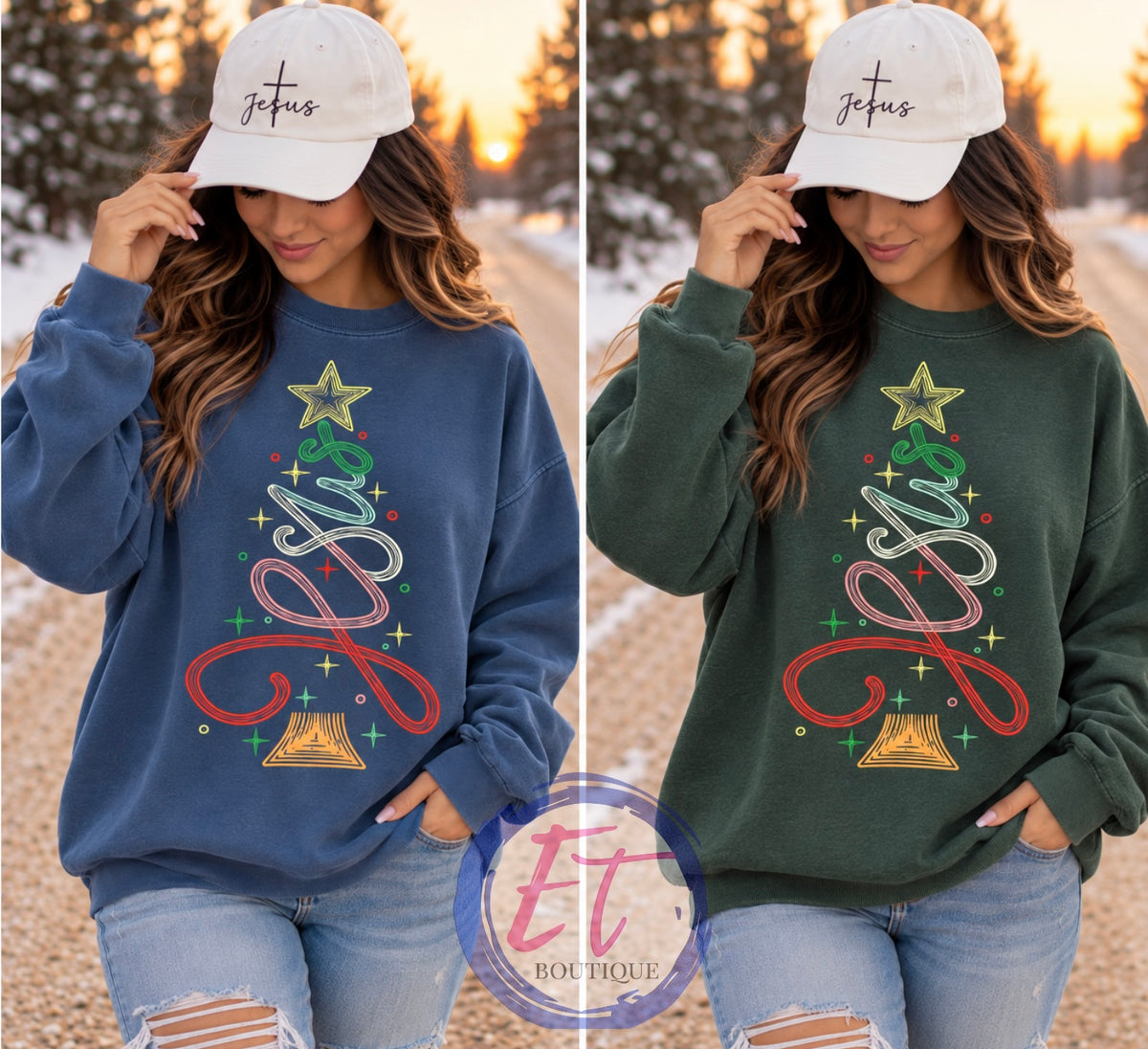 Jesus Christmas tree sweatshirt in Indigo Blue and Heather Dark Green. Hat not included.