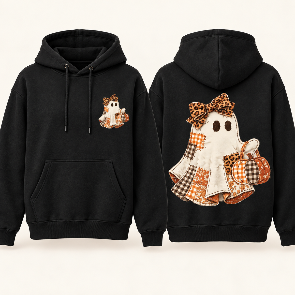 Patchwork ghost with pumpkin fleece hoodie front and back mockup