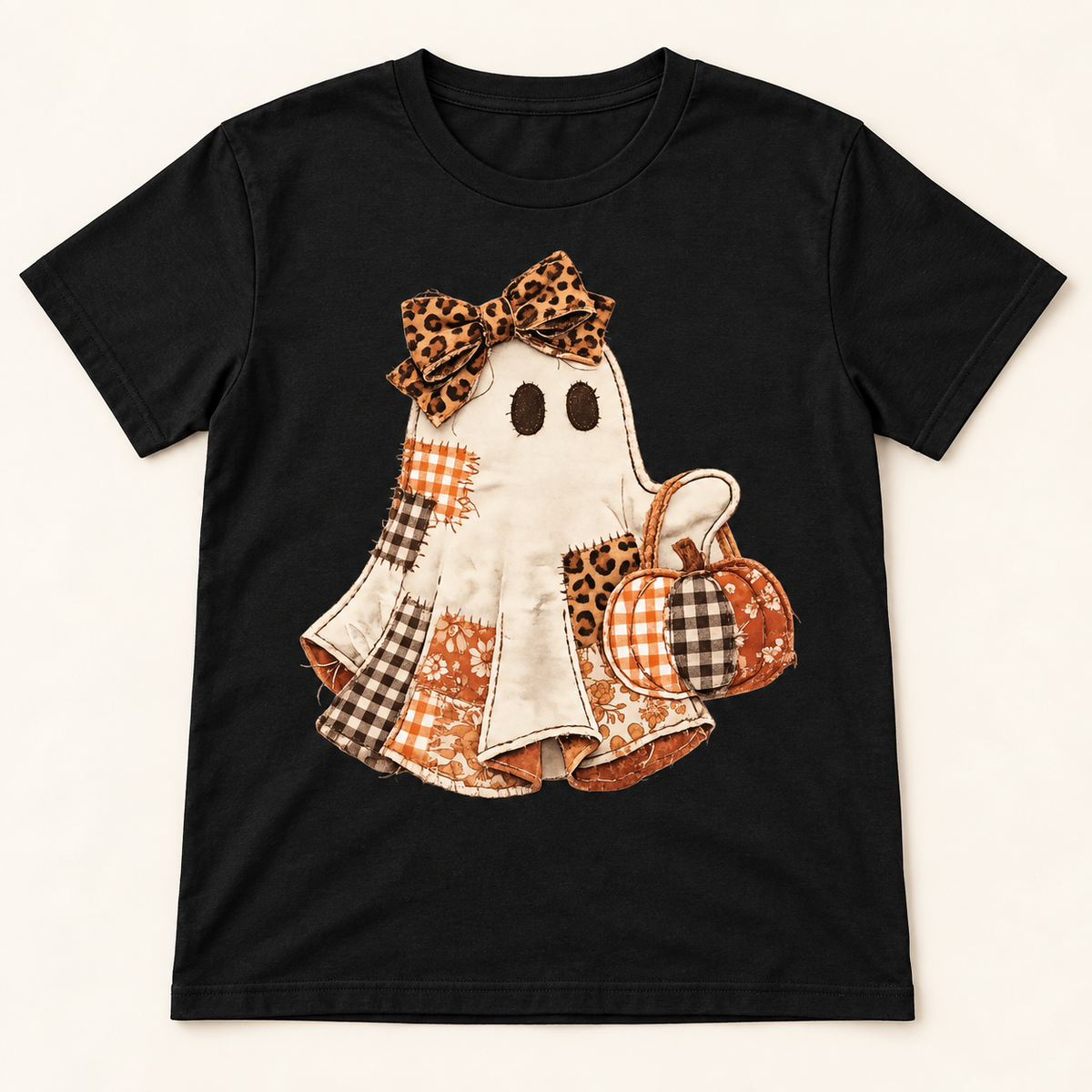 Patchwork ghost with pumpkin short sleeve tee mockup