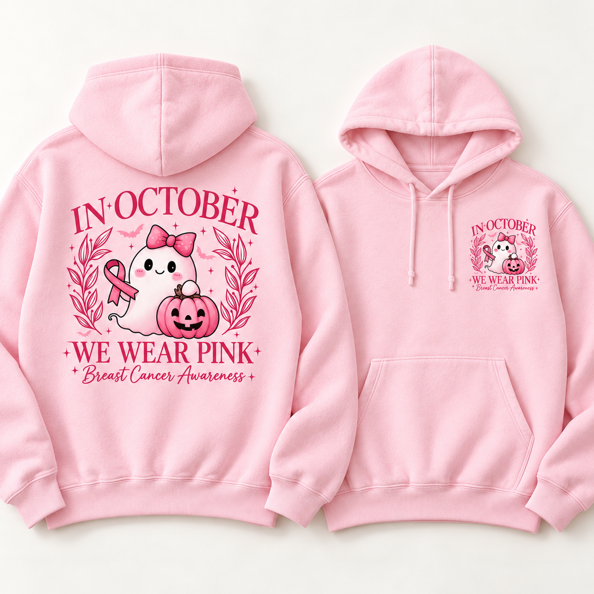Pink Ribbon Ghost & Pumpkin light pink fleece hoodie, full back and small left chest print