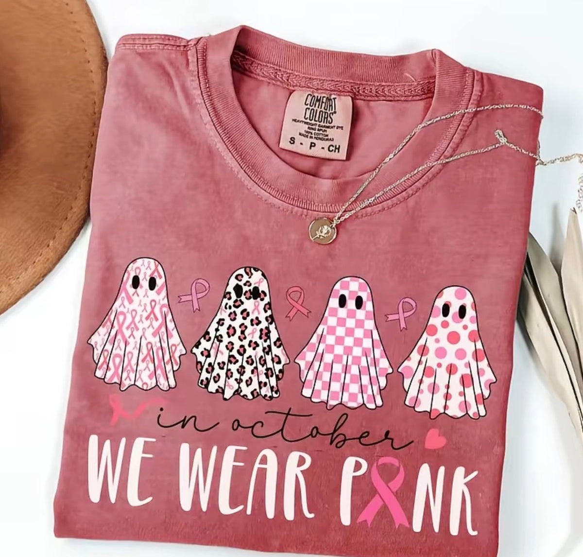 In October We Wear Pink patterned ghost quartet Comfort Colors tee