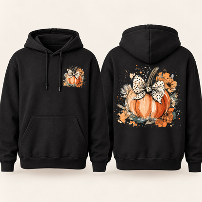 Floral Pumpkin with Polka Dot Bow fleece hoodie front and back mockup