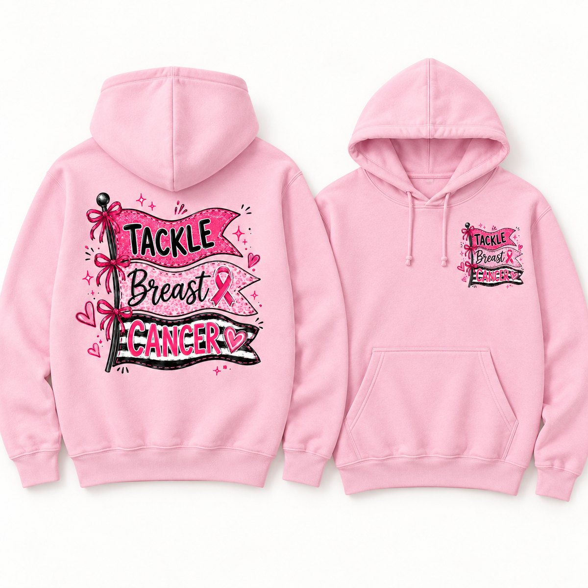 Tackle Breast Cancer light pink fleece hoodie, full back and small left chest print