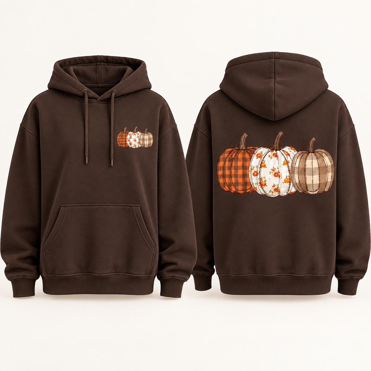 Plaid and floral pumpkin trio fleece hoodie front and back mockup