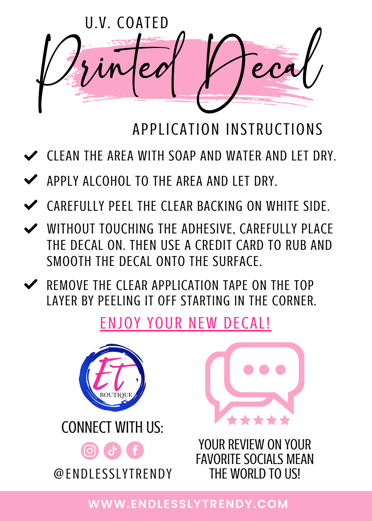 Endlessly Trendy UV coated printed decal application instructions