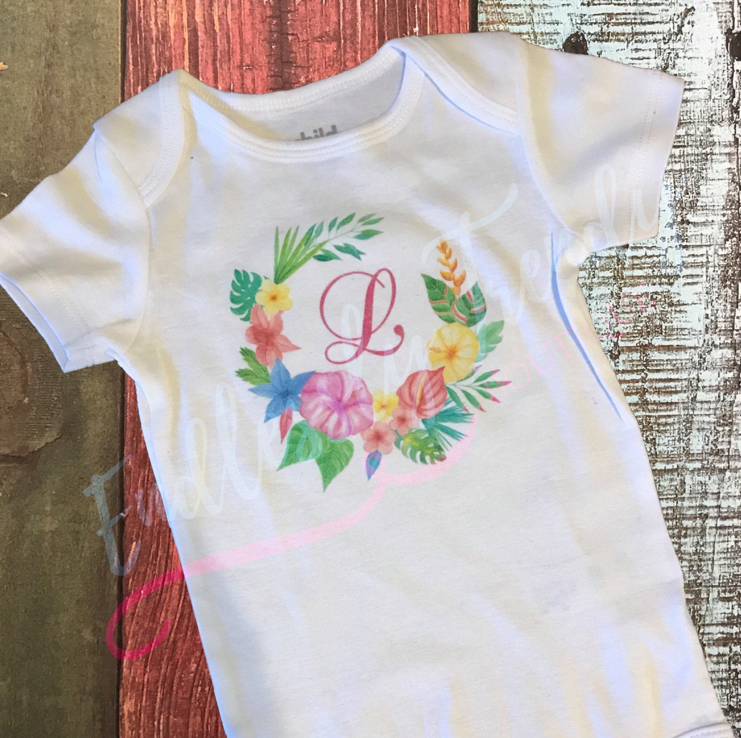 Custom Onesie® - Baby Initial With Hawaiian Floral Wreath Circle* - Endlessly Trendy Boutique