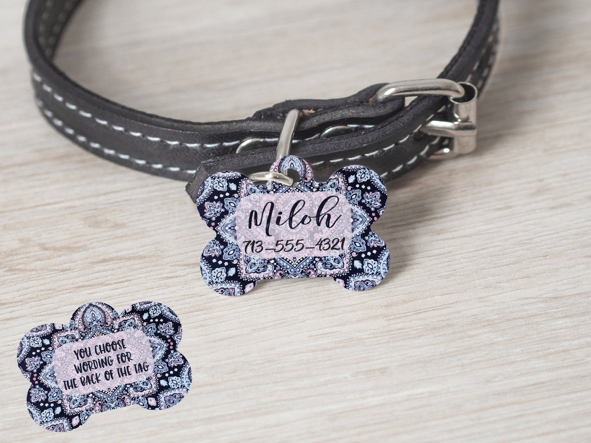 Blue/Black Vintage 2 Sided Girl Bone Shaped Customized Dog Tag -